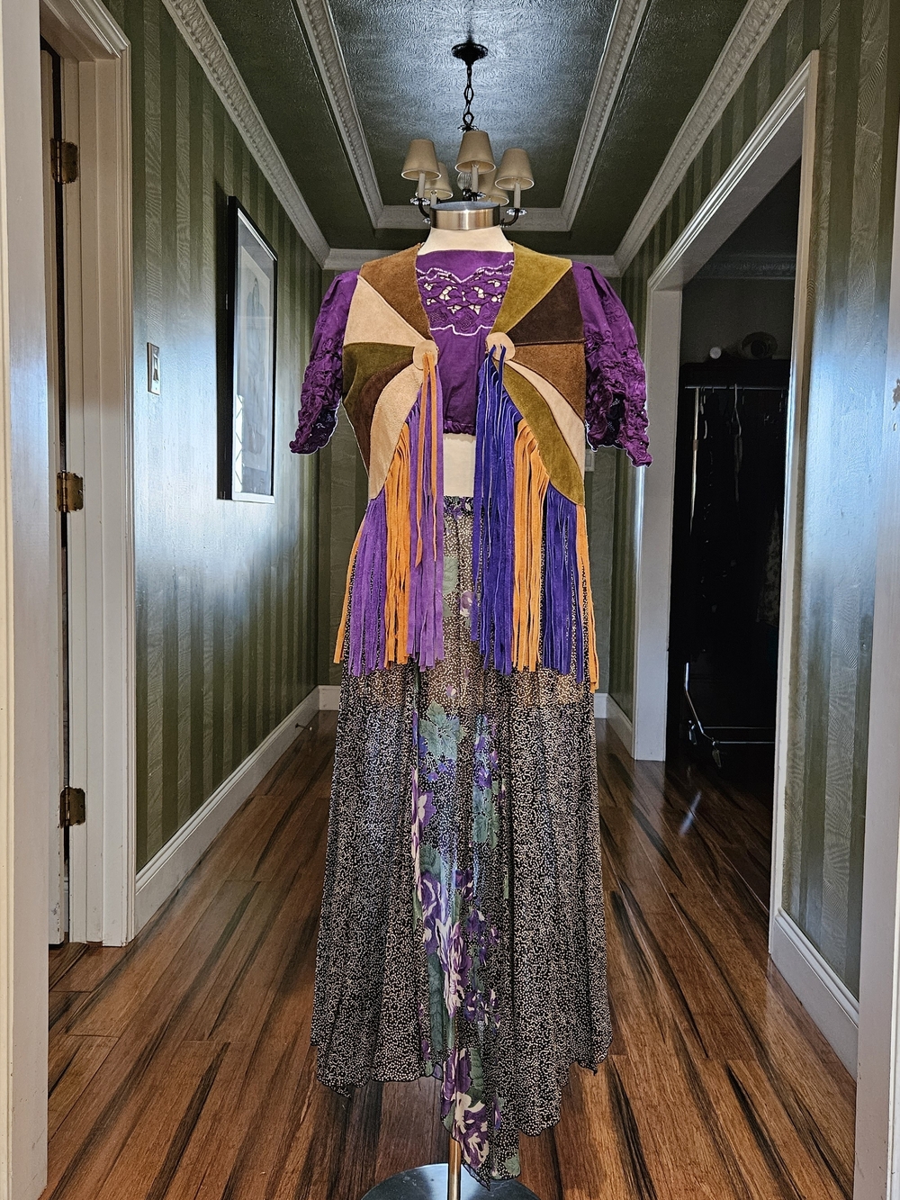 Vintage Boho Fringe Suede Patchwork Vest and Purple Set SIZE 6
